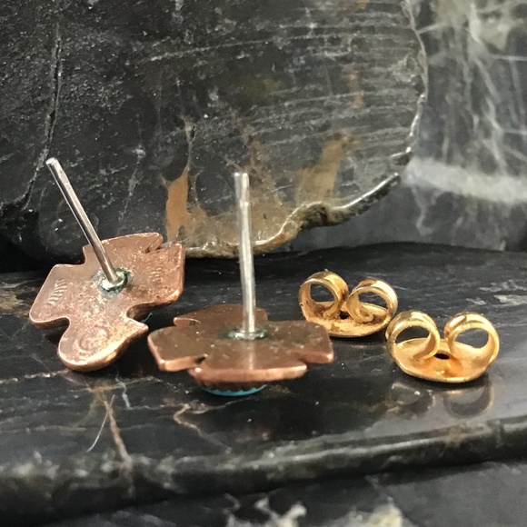 Vintage Copper Turquoise Earrings Thunderbird Southwest Style Pierced - Picture 8 of 12